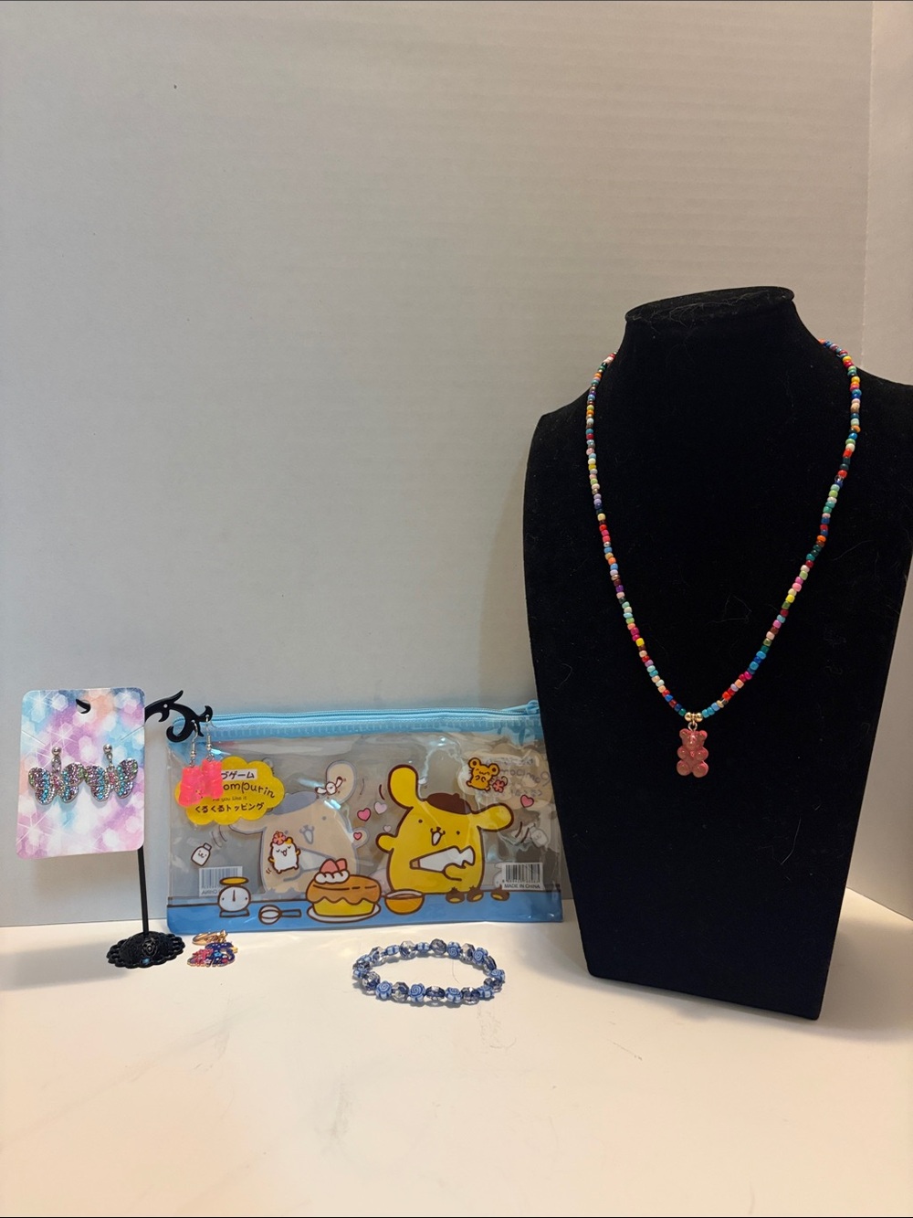 Colorful Beaded Necklace with Pink Gummy Bear Pendant